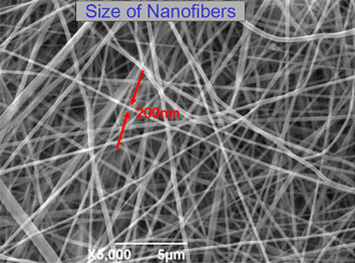 Fig. 5: Nanofiber web with scale bar showing fiber diameter in the nanometer range