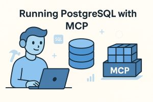 Blog header illustration for "How to Run a PostgreSQL Server Using MCP" featuring a humanoid robot, a server stack, and the MCP logo
