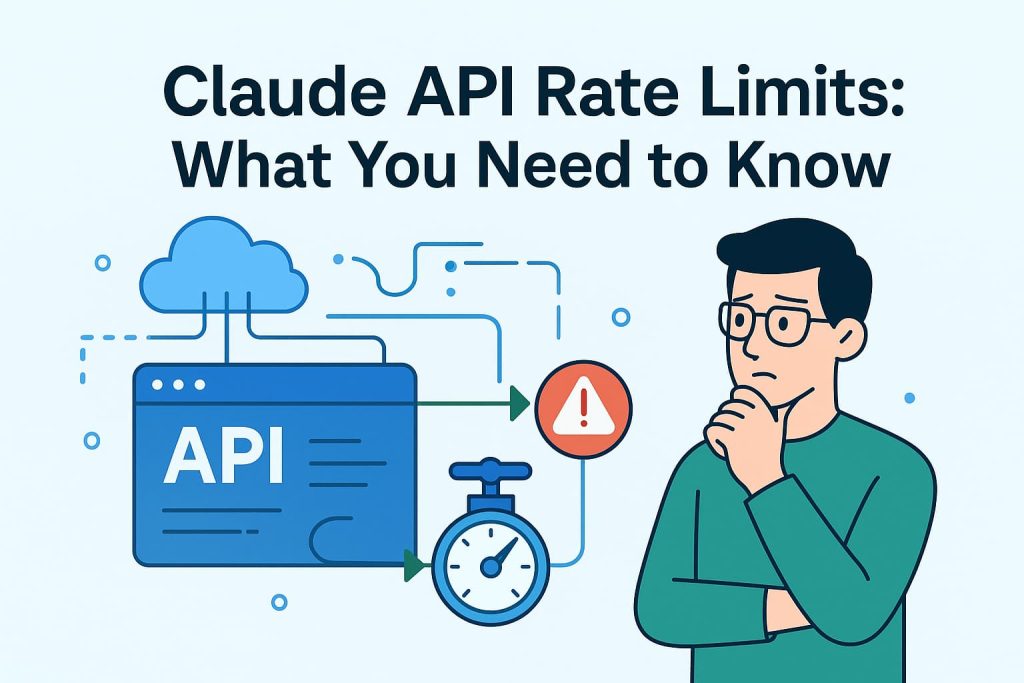 Blog header illustration for "Understanding Claude API Rate Limits" featuring a male figure and icons representing API usage limits and token counts