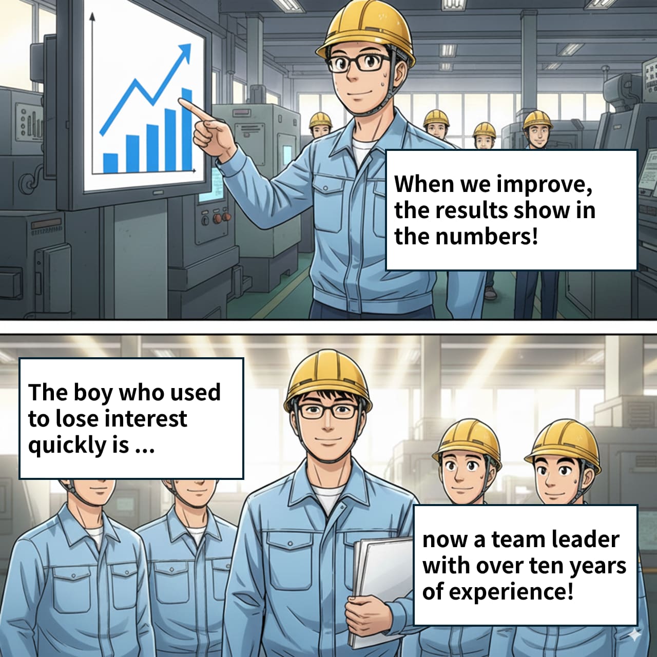 Comic strip "The Restless Boy" – panels 3 and 4, showing how the young man channeled his energy into meaningful work and found his footing