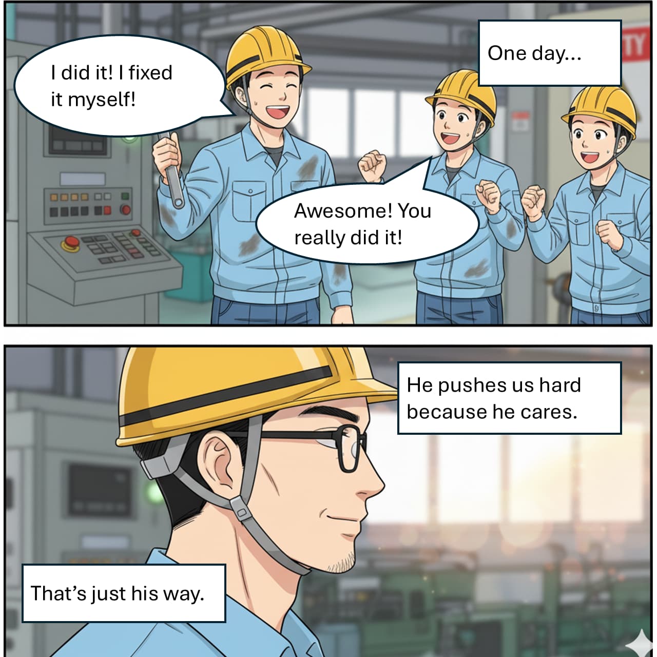 4-panel comic "Tough Love at Work" – panels 3 and 4, revealing the underlying care and good intentions behind the boss's strict approach