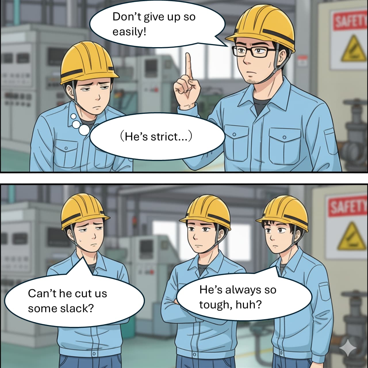 4-panel comic "Tough Love at Work" – panels 1 and 2, depicting a stern manager delivering sharp feedback to a young employee