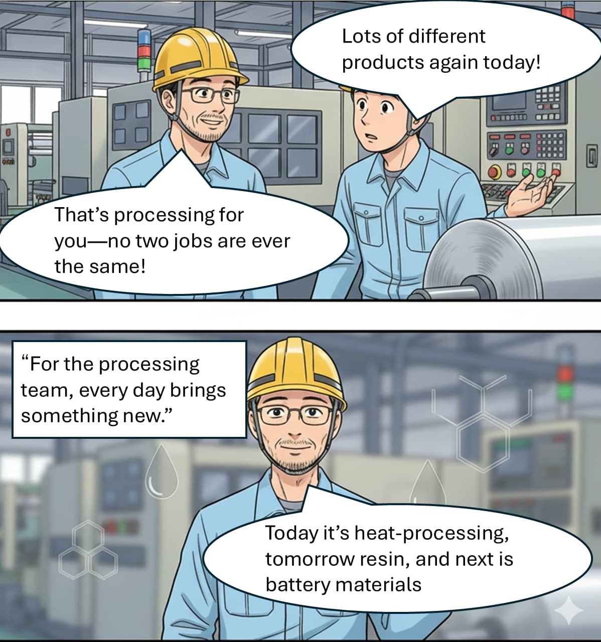 4-panel comic "Production Site's Ability to Adjust" – panels 1 and 2, depicting a production worker responding to sudden changes in demand