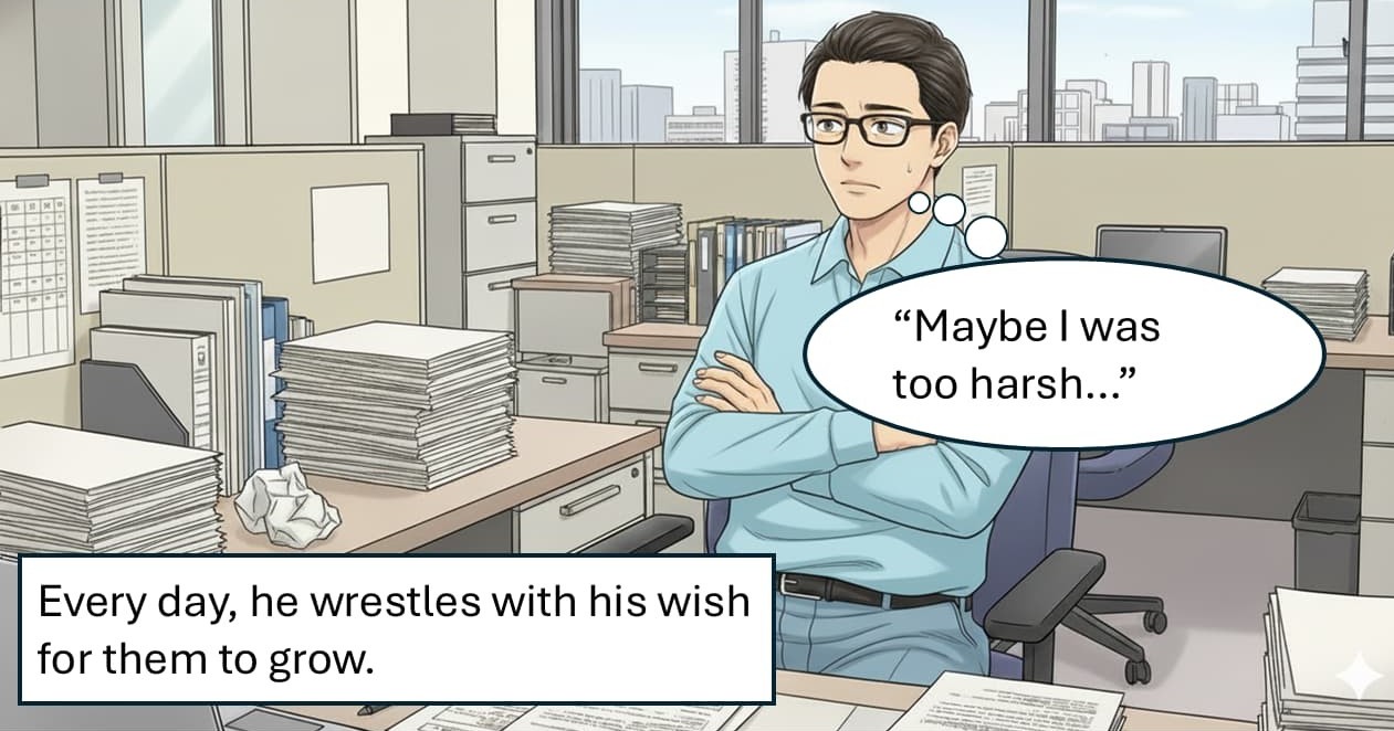 4-panel comic "The Reward of Genuine Commitment" – panel 2, showing the character persisting through difficulties without giving up