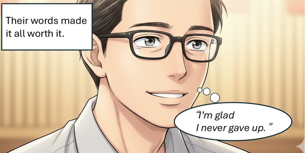 Thumbnail illustration for "4-panel Comic: The Reward of Genuine Commitment" – a manga about finding fulfillment through wholehearted dedication at work