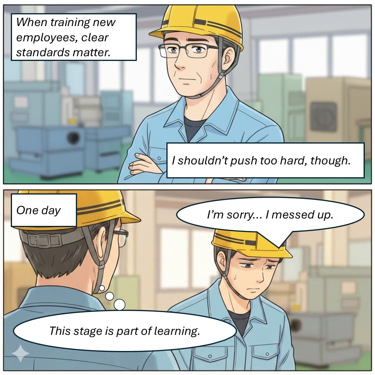 4-panel comic "Progress of New Employees" – panels 1 and 2, depicting a new employee taking their first steps and receiving guidance