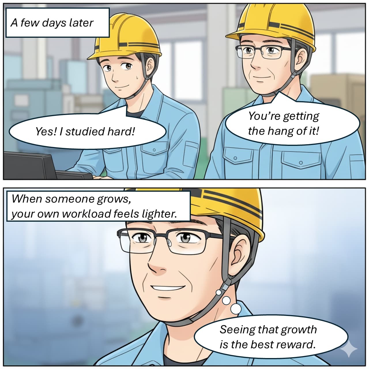 4-panel comic "Progress of New Employees" – panels 3 and 4, showing the new employee's growth and the positive impact on those around them