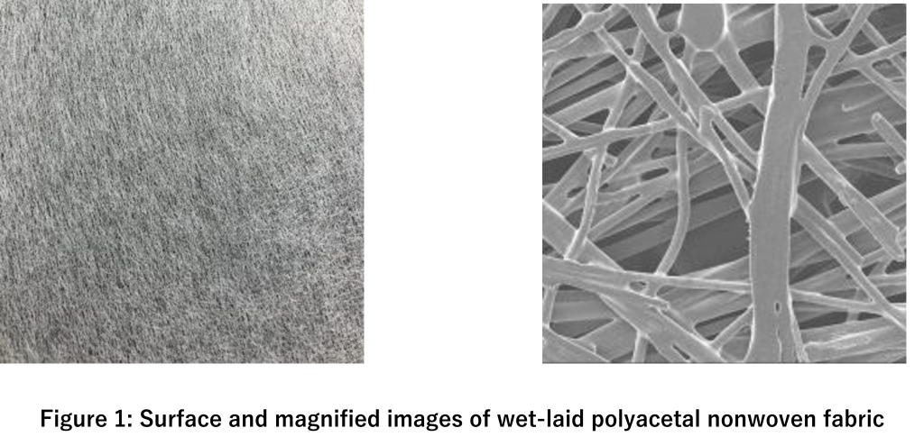 Figure 1: Surface and magnified images of wet-laid polyacetal nonwoven fabric