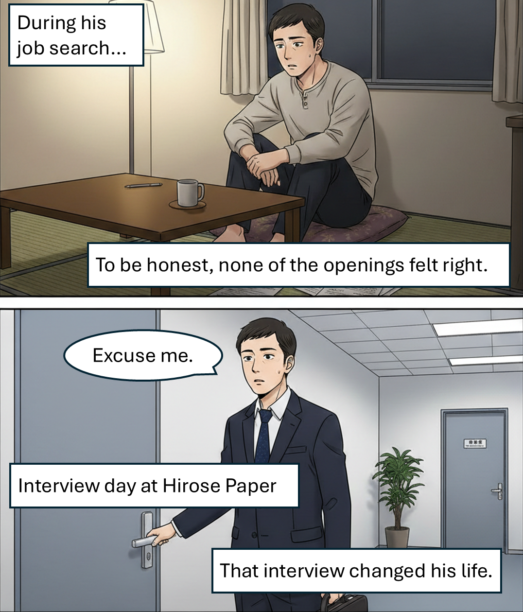 4-panel comic "A Turning Point in Job Hunting" – panels 1 and 2, depicting a job seeker facing uncertainty and changing expectations