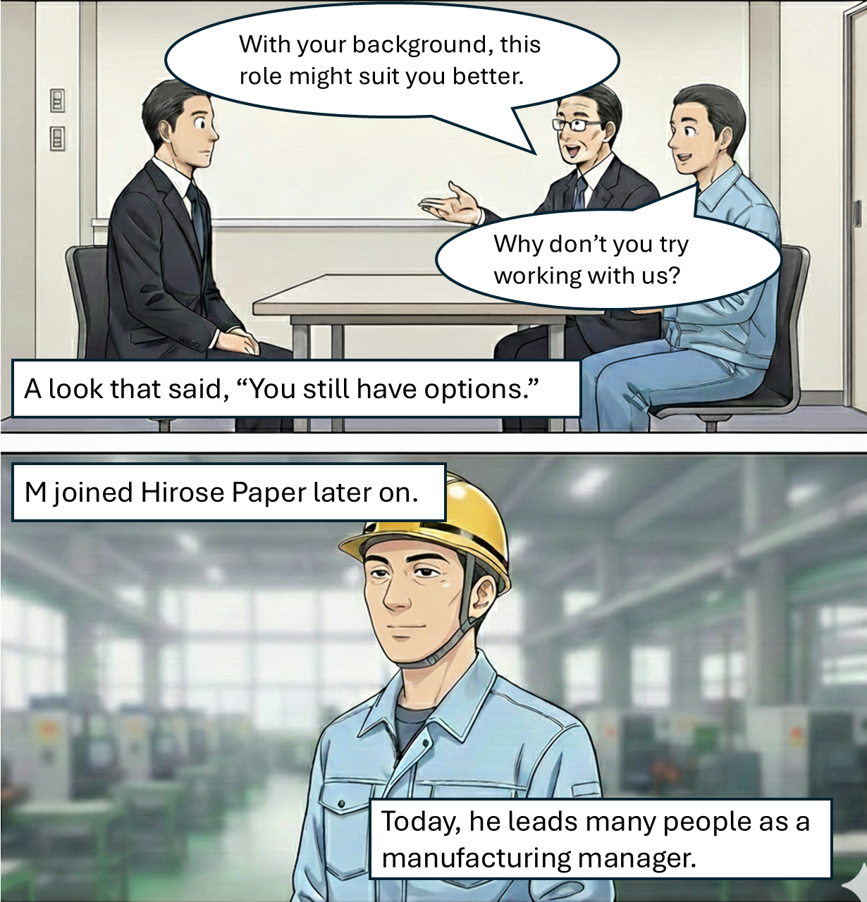 4-panel comic "A Turning Point in Job Hunting" – panels 3 and 4, showing a turning point where the role is shaped around the individual