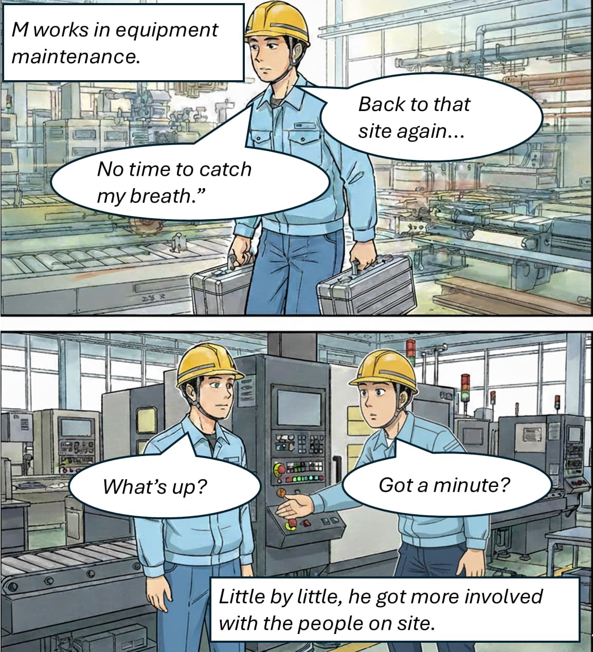 4-panel comic "One Job After Another" – panels 1 and 2, showing a worker overwhelmed with consecutive tasks