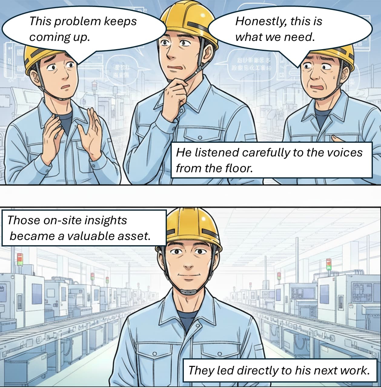 4-panel comic "One Job After Another" – panels 3 and 4, illustrating the shift from busyness to recognizing meaningful work