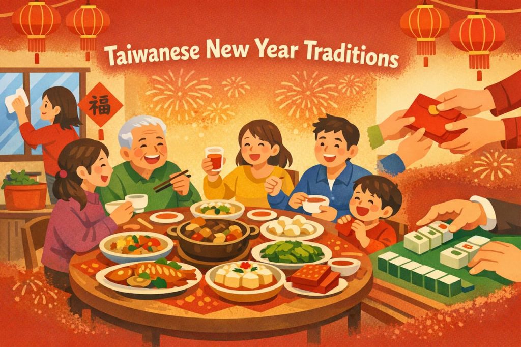 Family enjoying Taiwanese New Year dinner with traditional food, lanterns, and red envelopes.