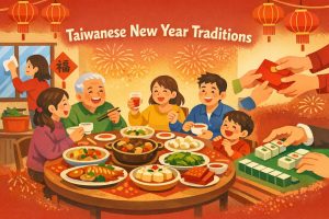 Family enjoying Taiwanese New Year dinner with traditional food, lanterns, and red envelopes.