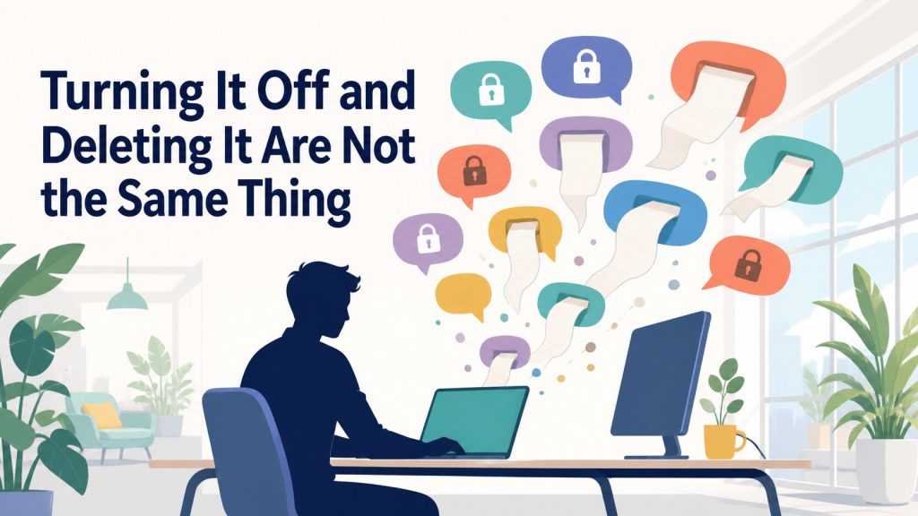 An illustration captioned 'Turning It Off and Deleting It Are Not the Same Thing,' showing a person at a laptop in an office surrounded by a mix of locked speech bubbles and open speech bubbles floating around them