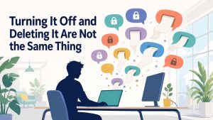 An illustration captioned 'Turning It Off and Deleting It Are Not the Same Thing,' showing a person at a laptop in an office surrounded by a mix of locked speech bubbles and open speech bubbles floating around them