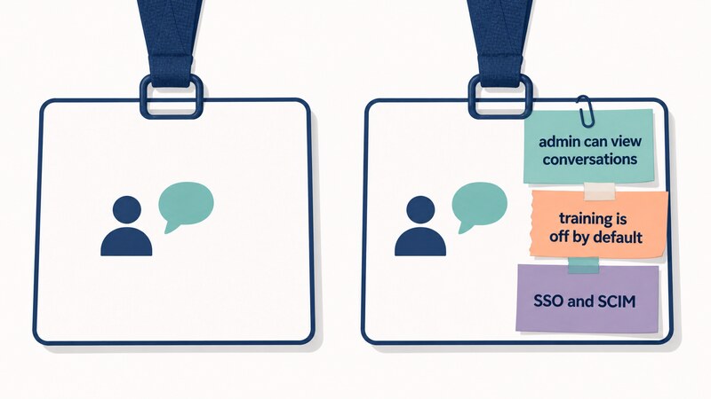 Personal and business ChatGPT plans shown side by side, with the business side labeled with three differences: an admin can view conversations, training is off by default, and SSO and SCIM are available