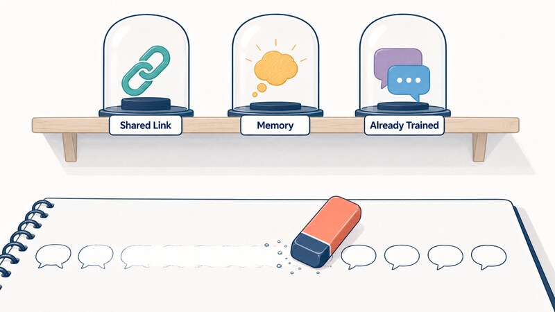 An eraser wiping away a trail of chat history bubbles while three separate items labeled Shared Link, Memory, and Already Trained sit untouched, out of the eraser's reach