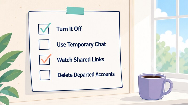A checklist illustration with items reading Turn It Off, Use Temporary Chat, Watch Shared Links, and Delete Departed Accounts