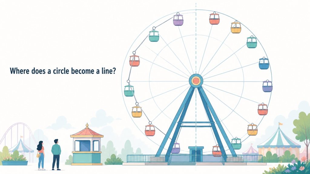 Hero illustration contrasting slides that ride correctly along a circle on one side with slides pulled inward along straight connecting lines on the other, carrying the text 'Where does a circle become a line?'