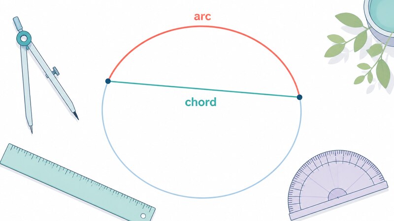 Diagram showing two points on a circle joined two ways: by an outward-bulging arc and by a chord cutting straight across the inside, with the chord's midpoint falling well inside the circle