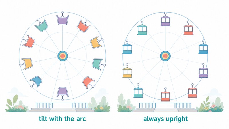 Side-by-side diagram of slides on the same arc: on the left they 'tilt with the arc' like a folding fan, on the right they stay 'always upright' like Ferris wheel cabins