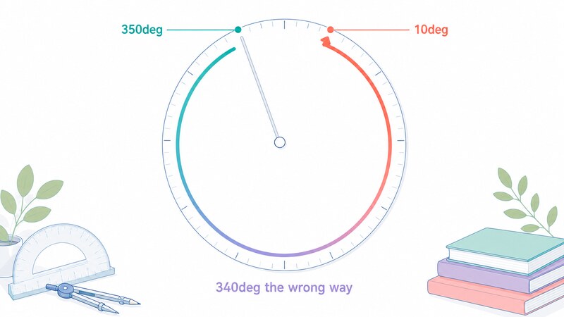 Diagram showing a move from '350deg' to '10deg' on a circle where, because interpolation runs toward the smaller number, the arrow travels almost all the way around as '340deg the wrong way'