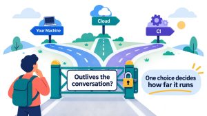 An illustration of a gate at a fork in the road with the question 'Outlives the conversation?' written on it, and beyond the gate three signposts labeled 'Your Machine', 'Cloud', and 'CI'. The catchphrase 'One choice decides how far it runs' appears in the scene