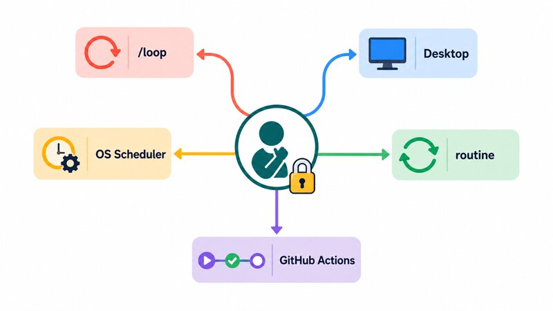 A flowchart-style illustration with arrows radiating from a central question to five destinations labeled '/loop', 'Desktop', 'OS Scheduler', 'routine', and 'GitHub Actions'