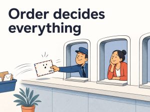 Illustration captioned 'Order decides everything' with a 400 marking, showing a letter being intercepted by the wrong window instead of the one it was addressed to