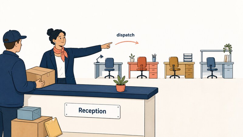 Illustration with a 'Reception' sign and a 'dispatch' label, showing a receptionist directing an arriving delivery to one of several desks behind them