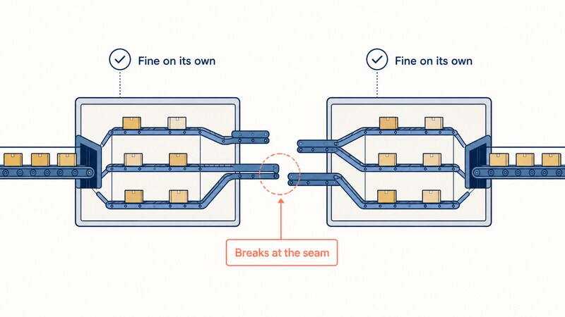 Illustration of two sorting lanes each marked 'Fine on its own', misaligned only at the joint marked 'Breaks at the seam'
