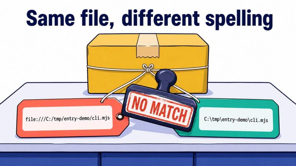 Hero illustration in which a single parcel carries two address labels for the same file, one written as file:///C:/tmp/entry-demo/cli.mjs and one written as C:tmpentry-democli.mjs, while the counter stamps them NO MATCH under the headline Same file, different spelling