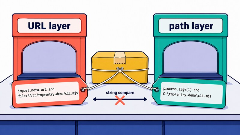 Two service windows issue slips for the same file — the URL layer window issues import.meta.url as file:///C:/tmp/entry-demo/cli.mjs and the path layer window issues process.argv[1] as C:\tmp\entry-demo\cli.mjs — and the string compare arrow drawn straight between the two slips is crossed out