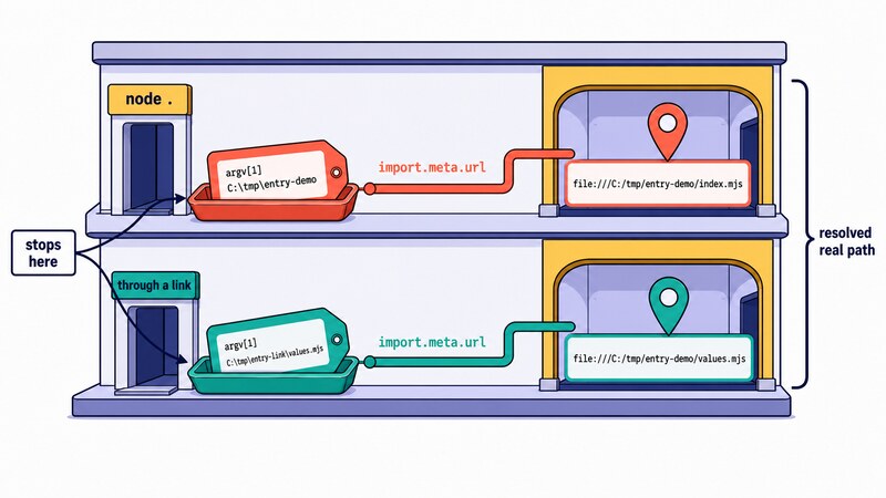 A cutaway corridor in which argv[1] stops here at each entrance — holding C:\tmp\entry-demo on the node . route above and C:\tmp\entry-link\values.mjs on the through a link route below — while import.meta.url carries on to the resolved real path of each route, file:///C:/tmp/entry-demo/index.mjs above and file:///C:/tmp/entry-demo/values.mjs below