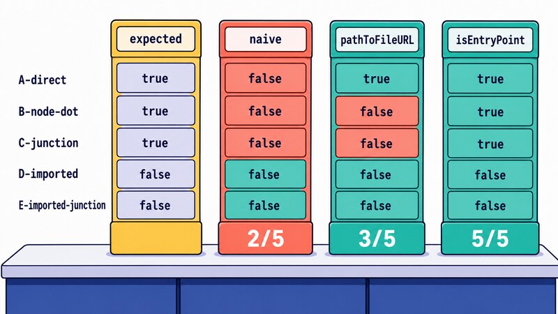 Three scorecards headed naive, pathToFileURL and isEntryPoint are lined up beside an expected strip reading true, true, true, false, false for the cases A-direct, B-node-dot, C-junction, D-imported and E-imported-junction, and the scores at the bottom read 2/5, 3/5 and 5/5