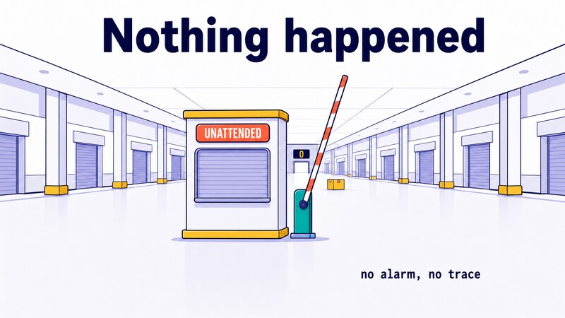 Illustration of a parcel rolling straight past an inspection booth signed UNATTENDED in a silent hall, its barrier arm raised and its lamps dark, while the tally board over the exit reads 0 and a small note says no alarm, no trace, under the headline Nothing happened