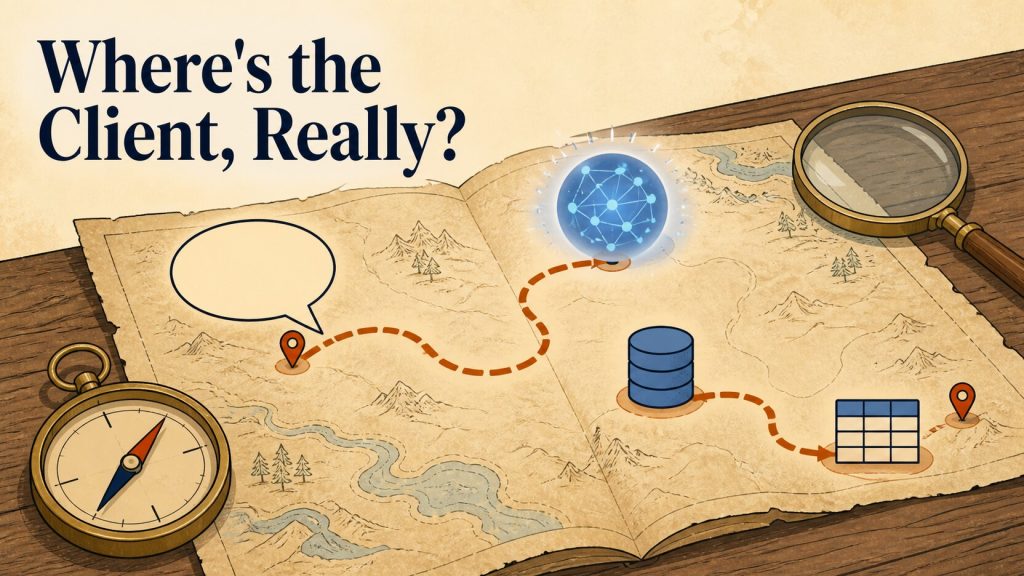 An illustration of a browser app that takes a natural-language question, has an AI draft SQL, queries a relational database, and returns a table, with the headline 'Where's the Client, Really?' worked into the scene