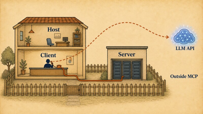 A diagram labeled 'Host', 'Client', and 'Server', showing the host application, the MCP client connector inside it, and the MCP server for the database, with a separate 'LLM API' cloud sitting 'Outside MCP'