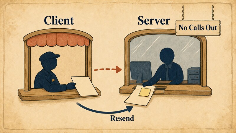 A diagram labeled 'Client' and 'Server' showing that a server cannot issue its own JSON-RPC requests, marked 'No Calls Out', and instead returns an InputRequiredResult that the client answers by resending the same request with inputResponses, labeled 'Resend'