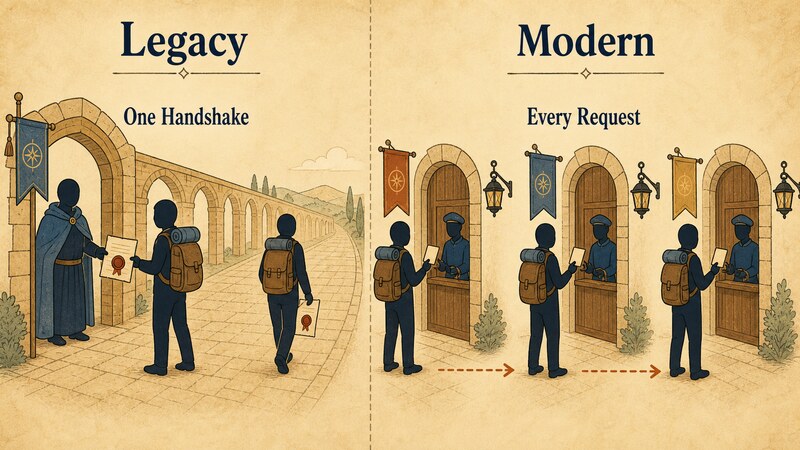A diagram labeled 'Legacy' and 'Modern' contrasting the legacy era, which establishes a session through 'One Handshake', with the modern era, which declares its protocol version on 'Every Request'