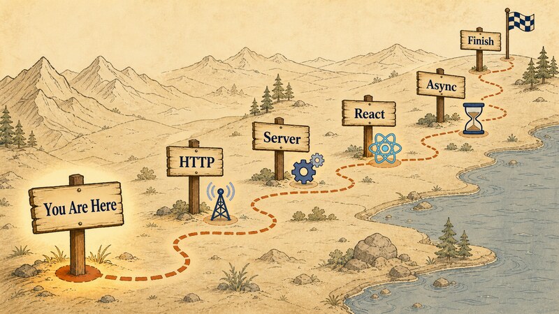 An illustration mapping all six parts of the series as trail signposts labeled 'You Are Here', 'HTTP', 'Server', 'React', 'Async', and 'Finish', with the first part marked as the current position