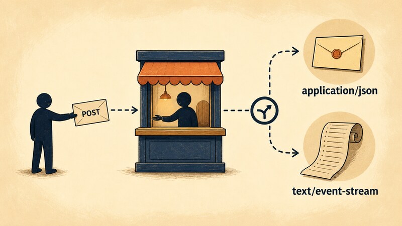 A diagram of a single POST request branching into two possible reply paths, labeled 'POST', 'application/json', and 'text/event-stream'
