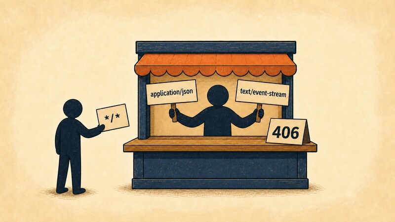 An illustration of a ticket counter waiting for two magic words, 'application/json' and 'text/event-stream', while a visitor who only offers '*/*' is turned away with a '406' sign