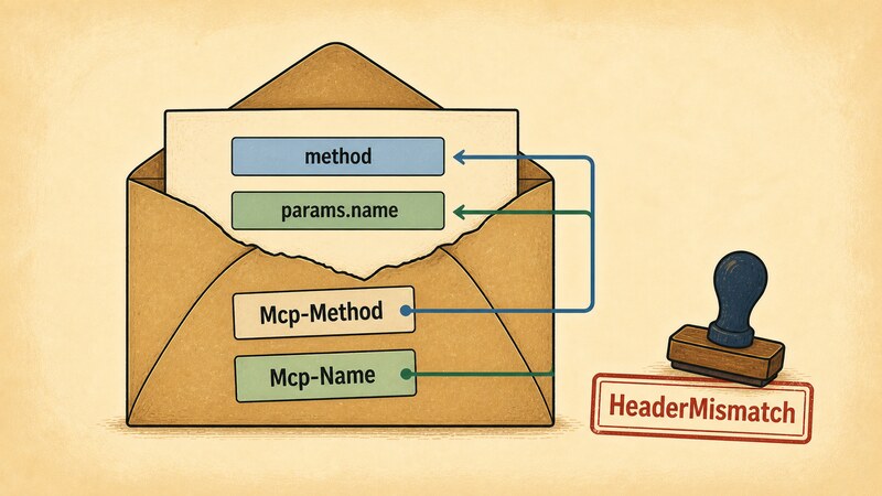 A diagram showing the HTTP headers 'Mcp-Method' and 'Mcp-Name' carrying the same values as the JSON-RPC body fields 'method' and 'params.name', with a 'HeaderMismatch' stamp appearing when they disagree