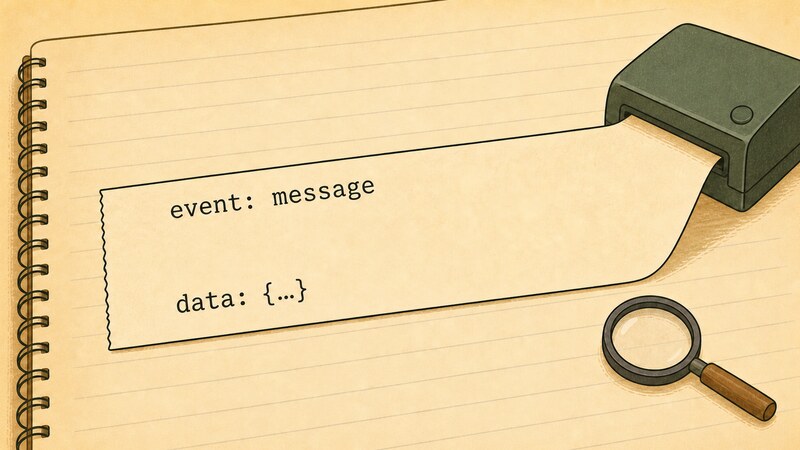 A diagram of the raw shape of an SSE response, showing a line reading 'event: message', a line reading 'data: {…}', and the blank line that separates them