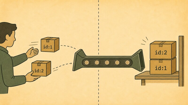 A diagram showing two requests sent in the order 'id:1' then 'id:2', with the replies arriving in the reverse order — 'id:2' first, then 'id:1'