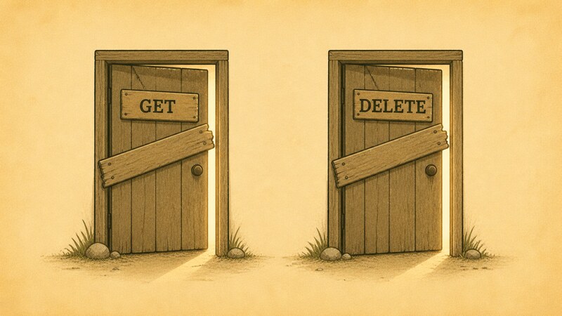 An illustration of two old doors labeled 'GET' and 'DELETE', which the latest spec revision removed but which the implementation still leaves ajar