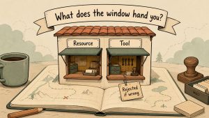 A small service-window building on an open notebook page, with two hatches labeled 'Resource' and 'Tool', a small tag hanging under the 'Tool' hatch reading 'Rejected if wrong', and a hand-lettered banner above reading 'What does the window hand you?'