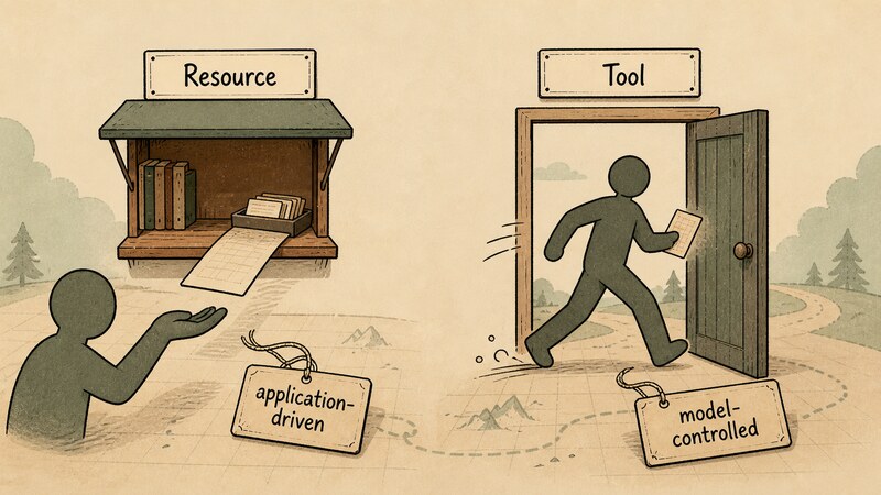 A single page sliding quietly off a shelf labeled 'Resource' with a tag reading 'application-driven', next to a hand grabbing a chit and striding off through a door labeled 'Tool' with a tag reading 'model-controlled'